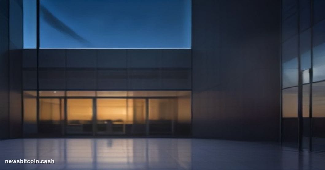 Cinematic photorealistic editorial photograph of a sleek modern tech campus entrance at dusk, glass-and-steel architecture wi