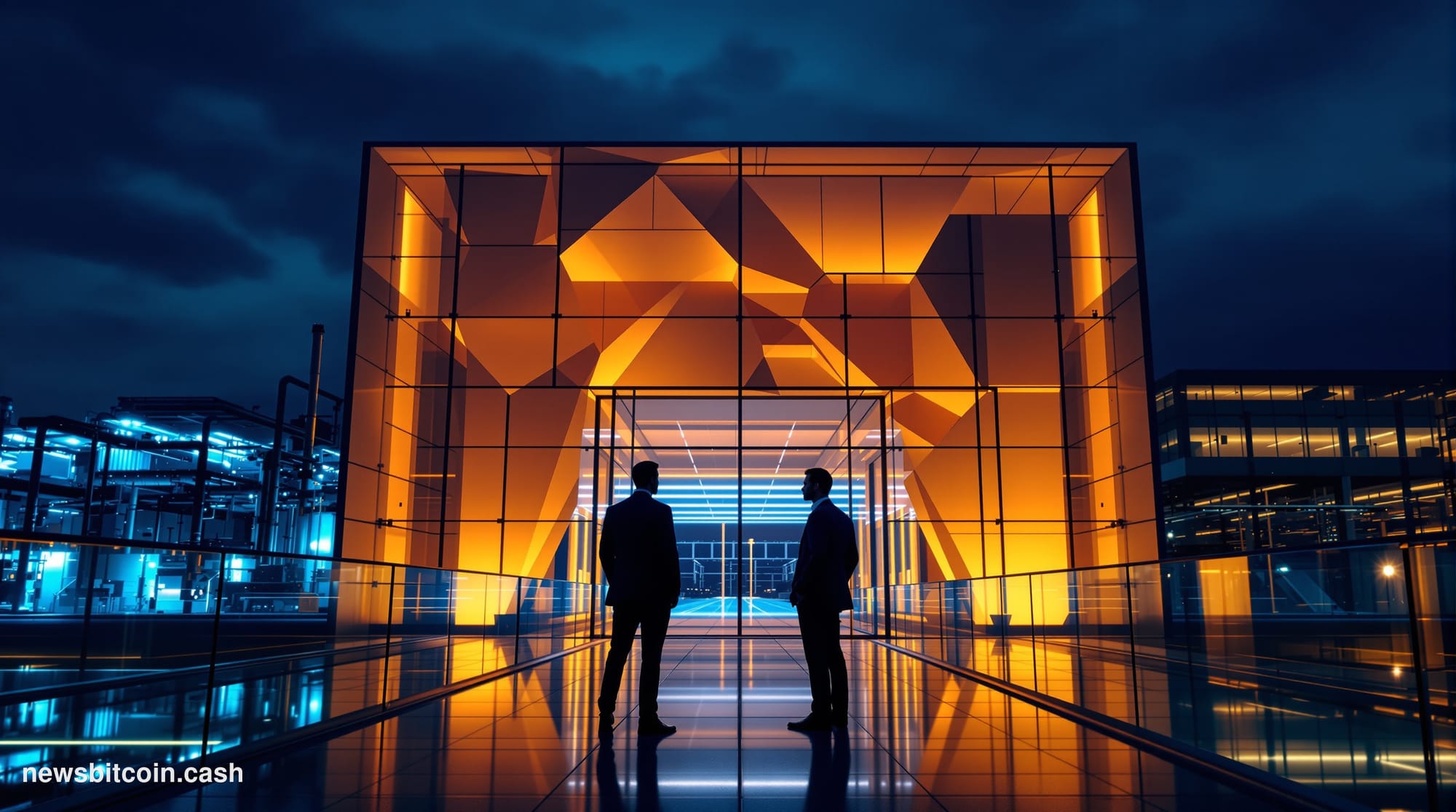 Cinematic photorealistic editorial photograph of a sleek modern tech campus entrance at dusk, with a prominent digital displa