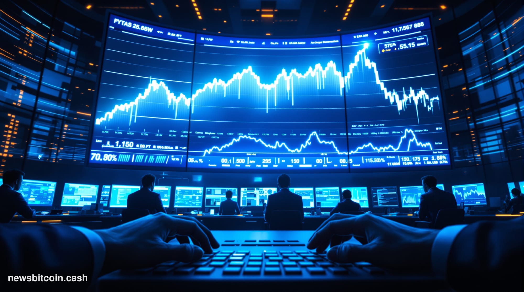 Cinematic photorealistic editorial photograph of a dramatic trading floor environment bathed in deep blue and amber light, wi