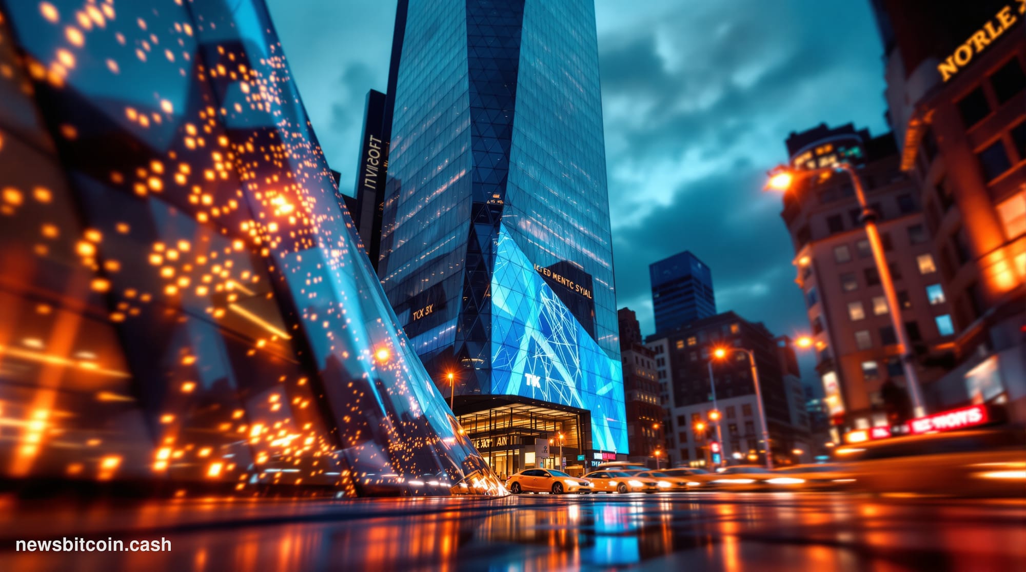 A cinematic photorealistic editorial photograph of the Nasdaq MarketSite building in Times Square, New York City, shot at dus