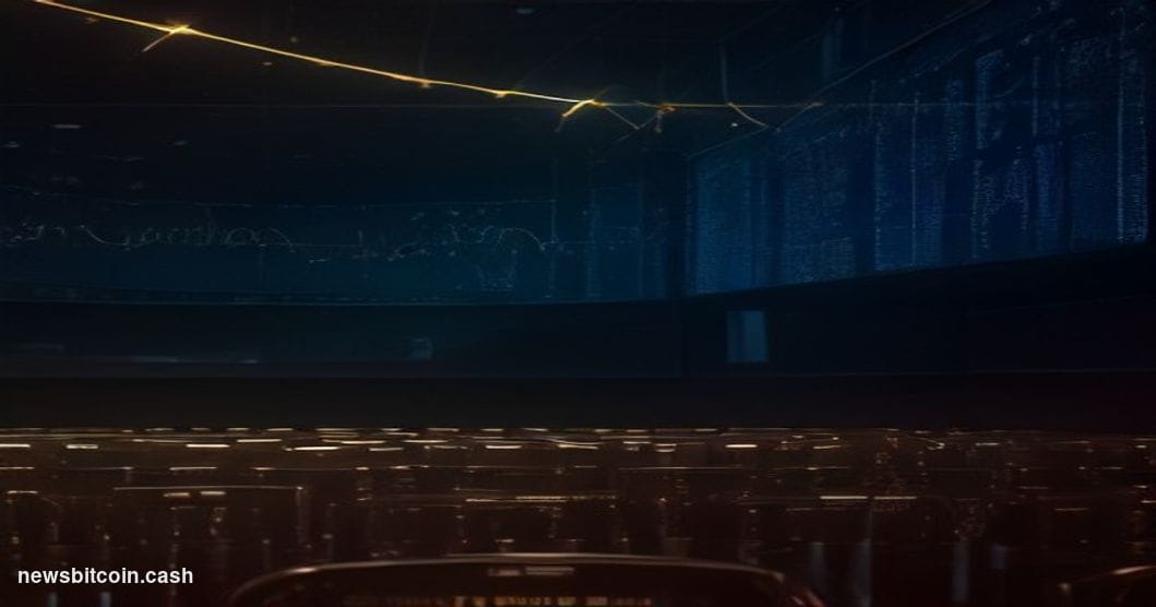 A cinematic photorealistic editorial photograph of a dramatic financial trading floor environment bathed in deep blue and amb