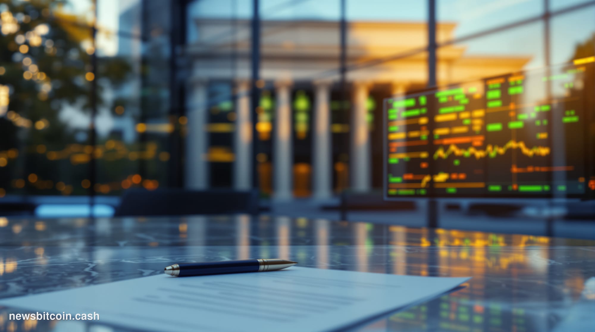 A cinematic photorealistic editorial photograph set in Washington D.C., with the U.S. Commodity Futures Trading Commission bu