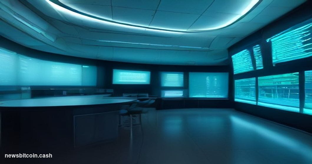 Cinematic photorealistic editorial photograph of a sleek, modern trading floor bathed in cool blue and electric teal light, w