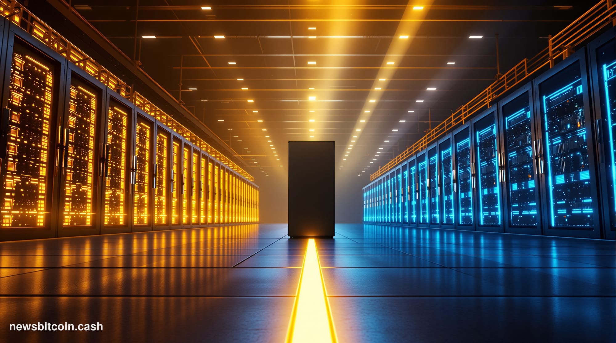 A cinematic photorealistic editorial photograph set inside a large, industrial-scale data center undergoing a visible transit