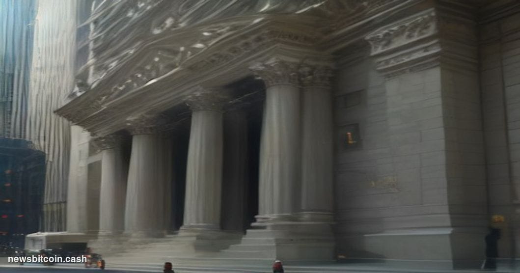 Cinematic photorealistic editorial photograph of the New York Stock Exchange's iconic neoclassical facade on Wall Street, lat