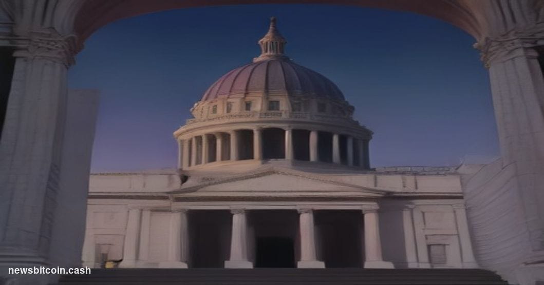 Cinematic photorealistic editorial photograph of the Illinois State Capitol building in Springfield, shot at dusk from a low 