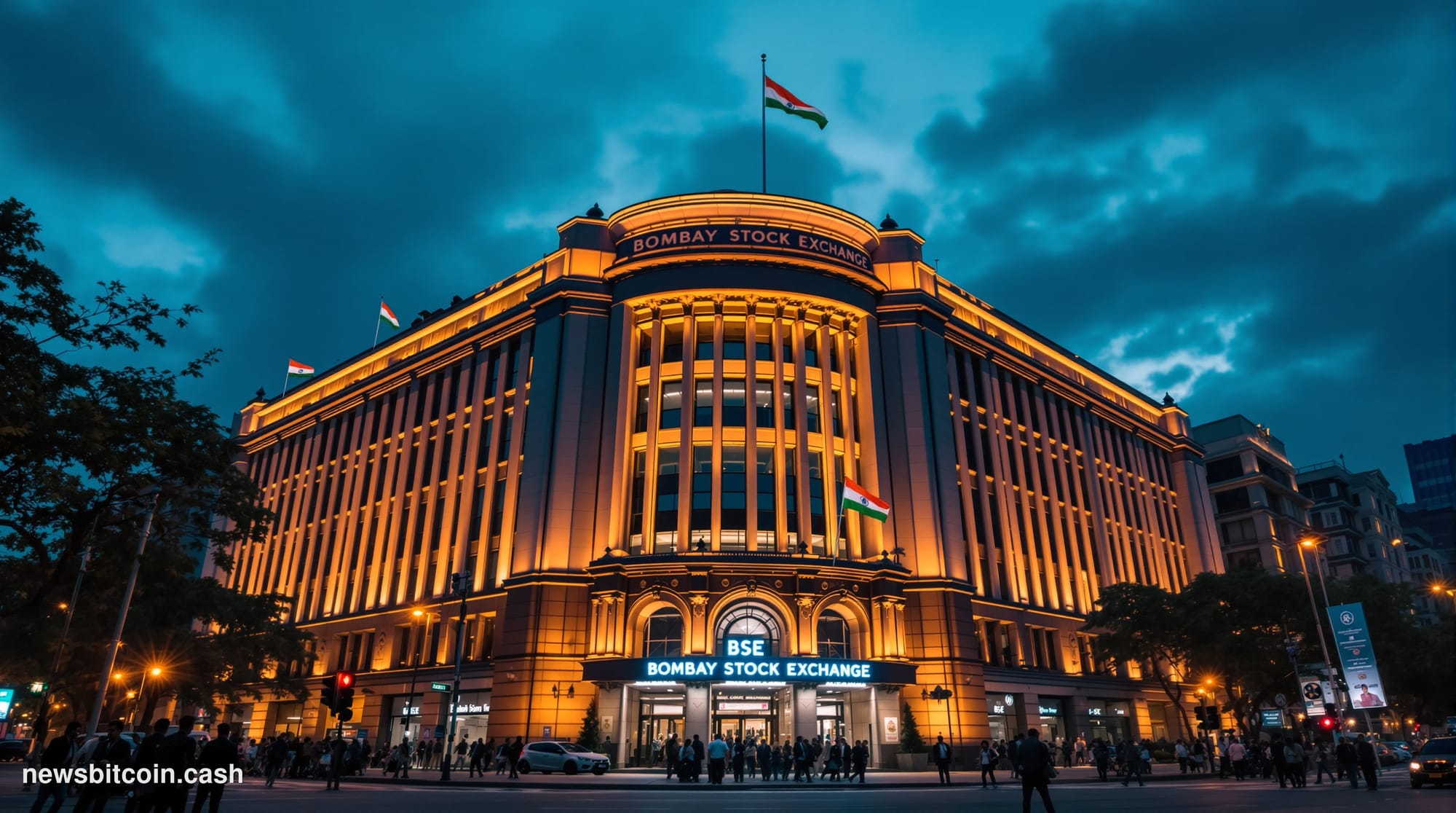 Cinematic photorealistic editorial photograph of the Bombay Stock Exchange building in Mumbai, India, its iconic art deco fac