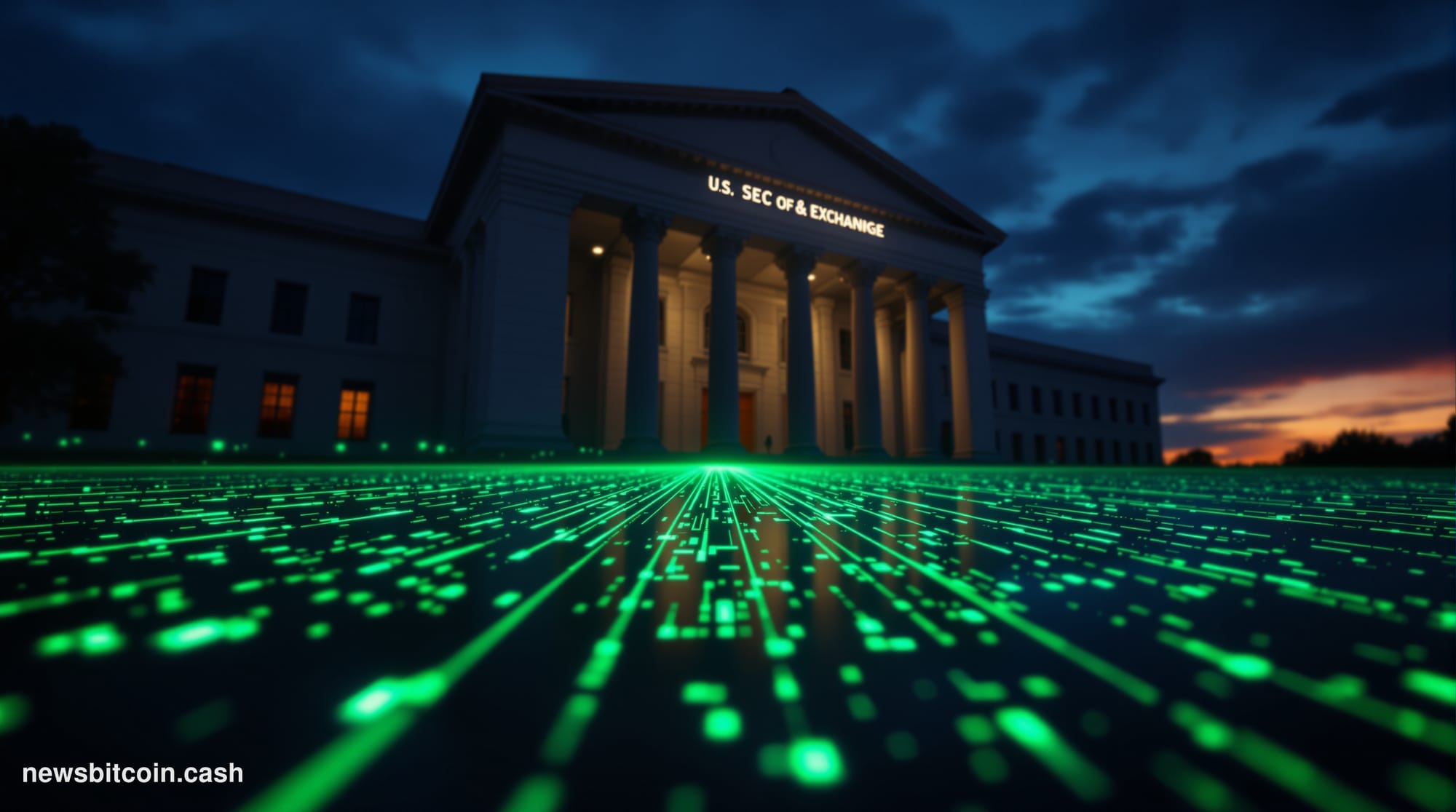 Cinematic photorealistic editorial photograph of the U.S. Securities and Exchange Commission headquarters in Washington D.C.,