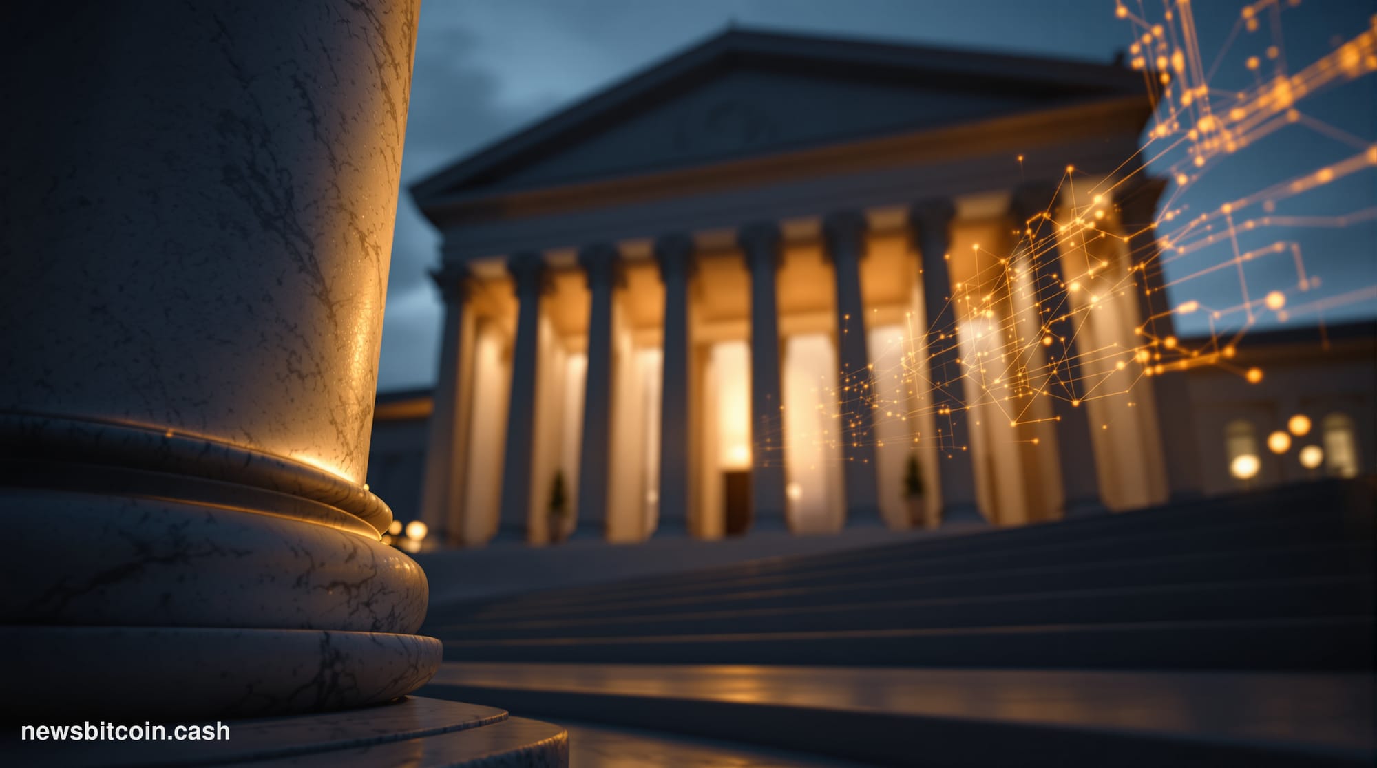 Cinematic photorealistic editorial photograph of the SEC headquarters building in Washington D.C. — the neoclassical facade w