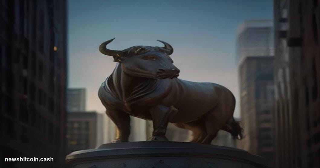 Cinematic photorealistic editorial photograph shot from a low angle looking up at a Wall Street financial district intersecti