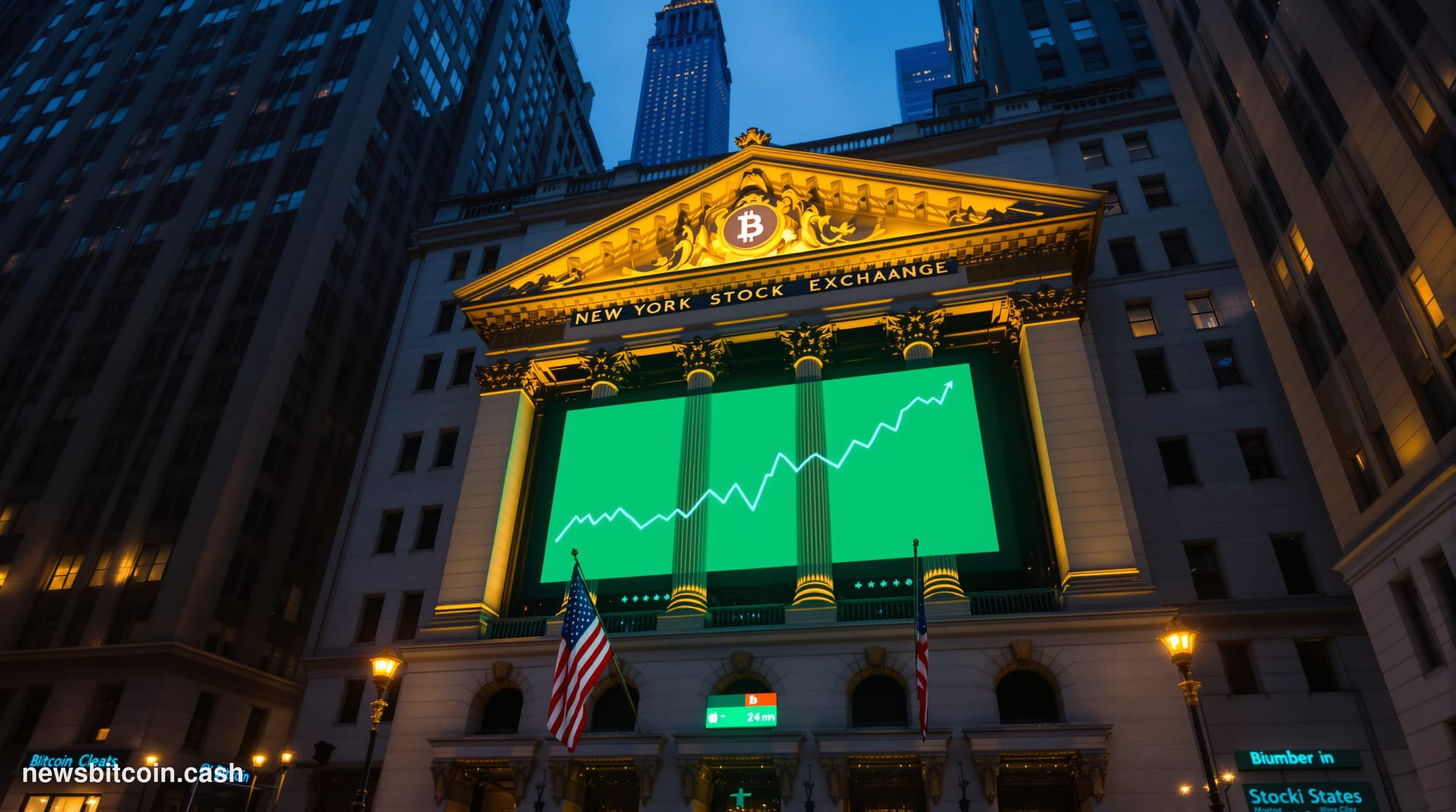 Cinematic photorealistic editorial photograph of the New York Stock Exchange facade on Wall Street, shot from a low angle loo