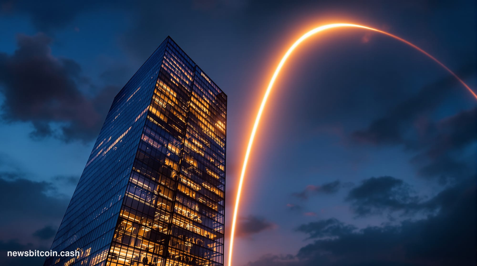 Cinematic photorealistic editorial photograph of the Intesa Sanpaolo headquarters building in Milan, Italy, shot from a low a