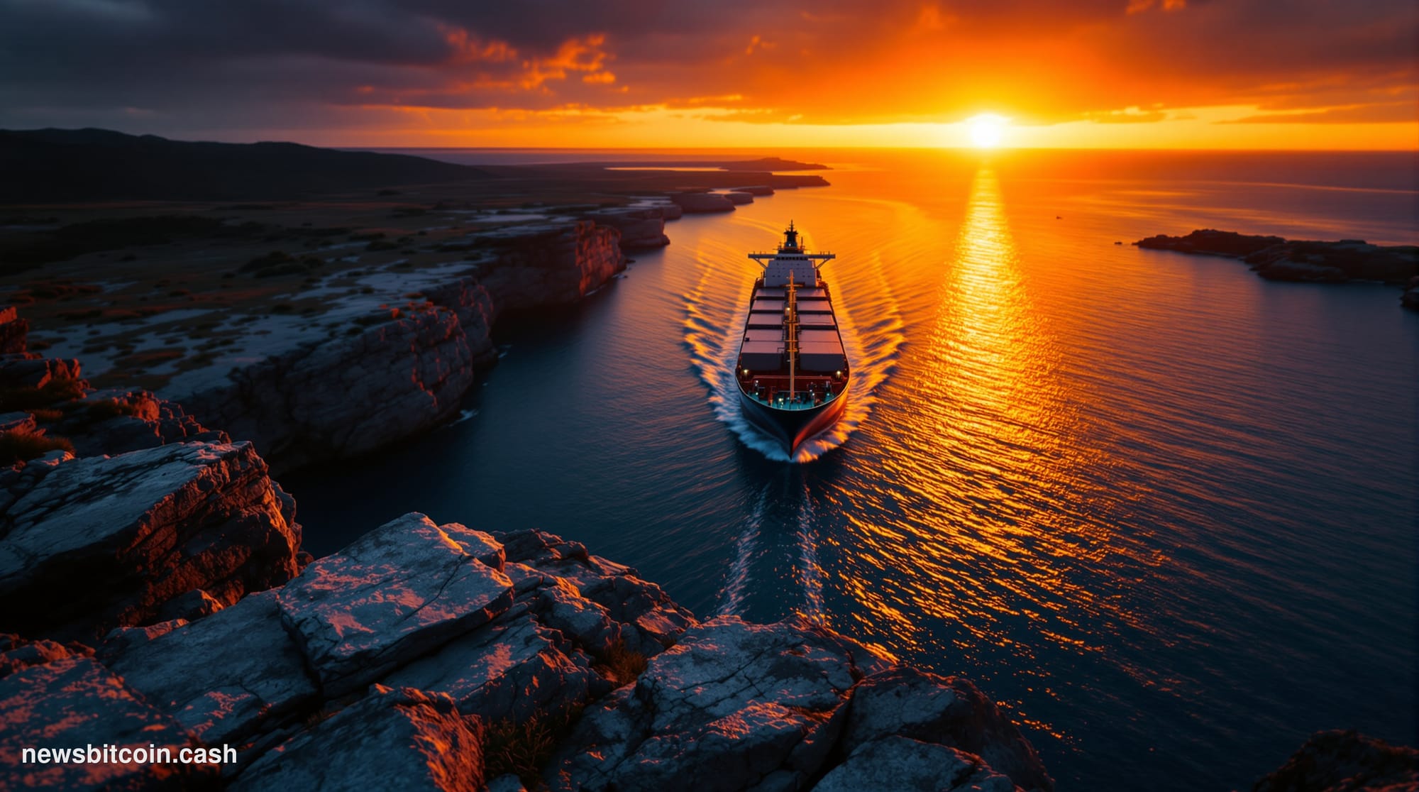 A cinematic photorealistic editorial photograph taken from a low drone angle above the Strait of Hormuz at dusk, the narrow b