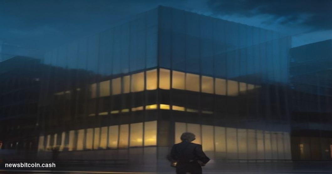 Cinematic photorealistic editorial photograph of the Binance corporate headquarters exterior at dusk, dramatic low-angle shot