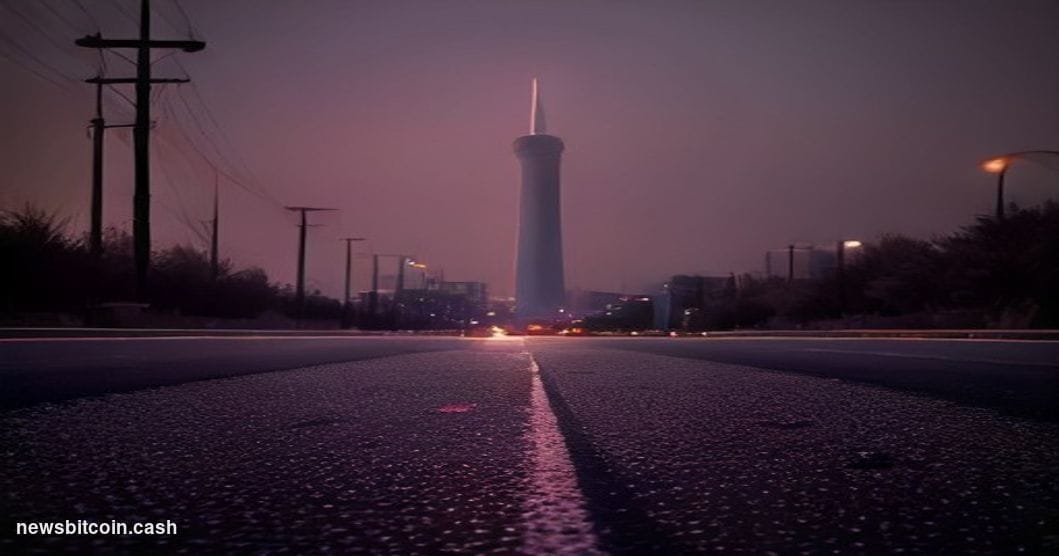 Cinematic photorealistic editorial photograph shot at dusk from a low angle on a wide Tehran boulevard, iconic Azadi Tower vi
