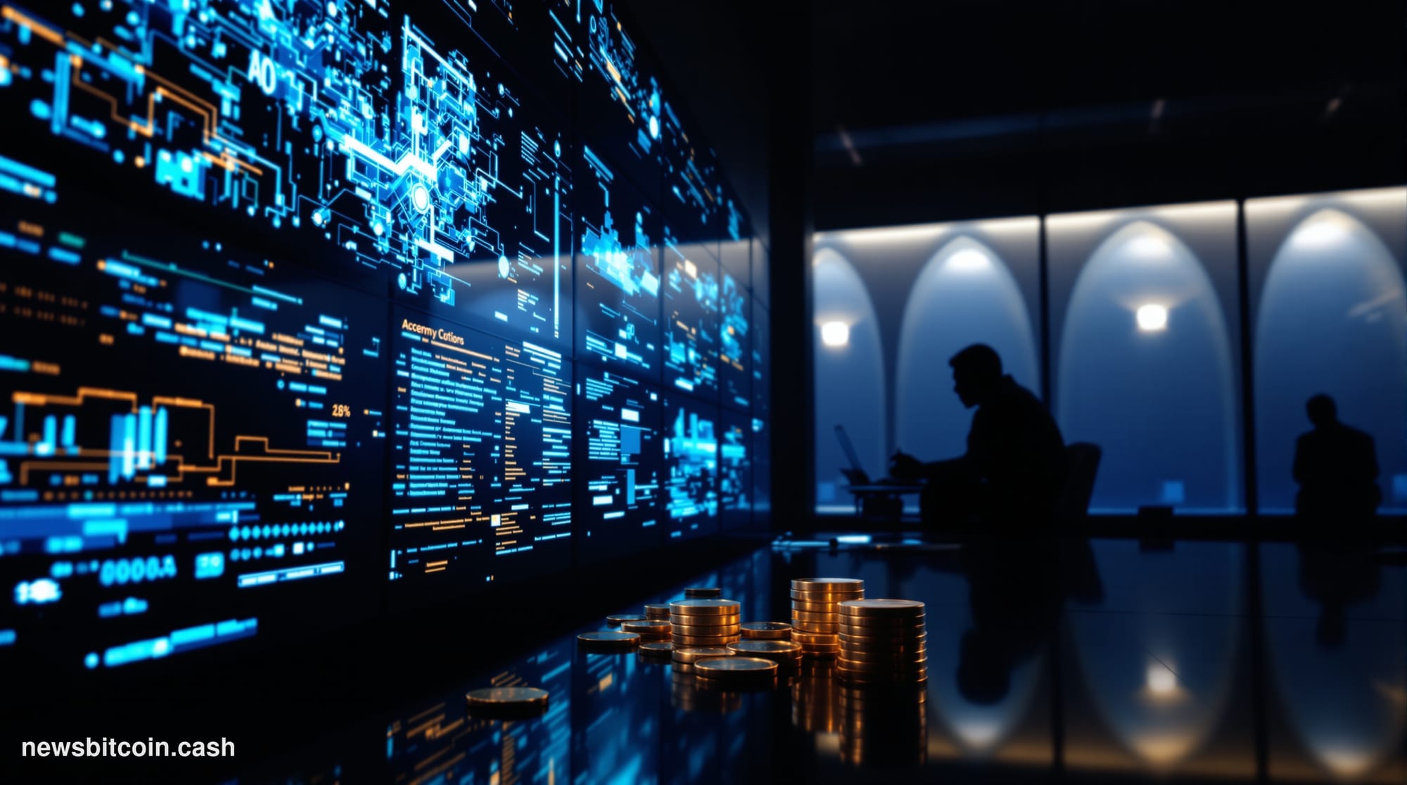 Cinematic photorealistic editorial photograph set in a darkened cybersecurity operations environment, with a split compositio