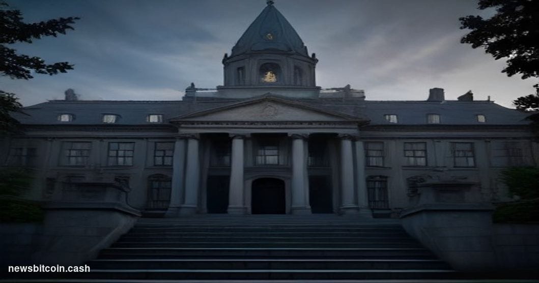 Cinematic photorealistic editorial photograph of the Irish Parliament building (Leinster House) in Dublin at dusk, shot from 
