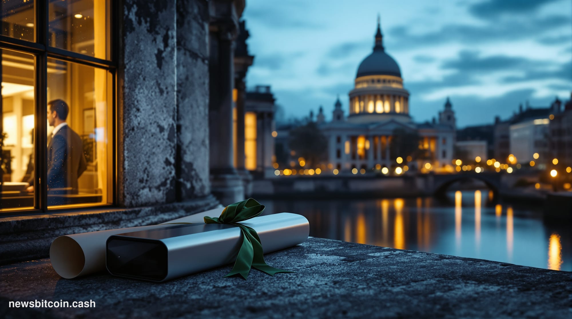 Cinematic photorealistic editorial photograph of Dublin's Georgian financial district at dusk, with the iconic Custom House r