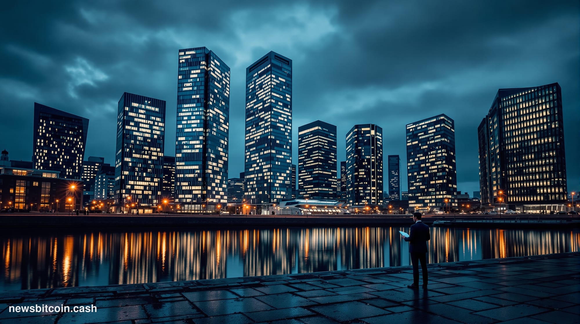 A cinematic photorealistic editorial photograph of the Irish Financial Services Centre in Dublin's docklands at dusk, the dis