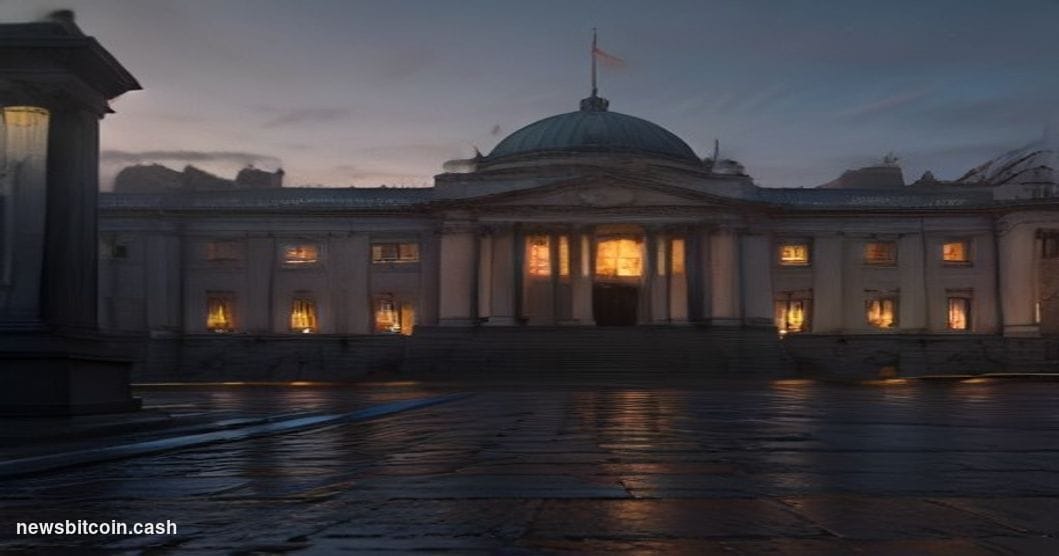 Cinematic photorealistic editorial photograph of the Irish Parliament building (Leinster House) in Dublin, shot from a low an