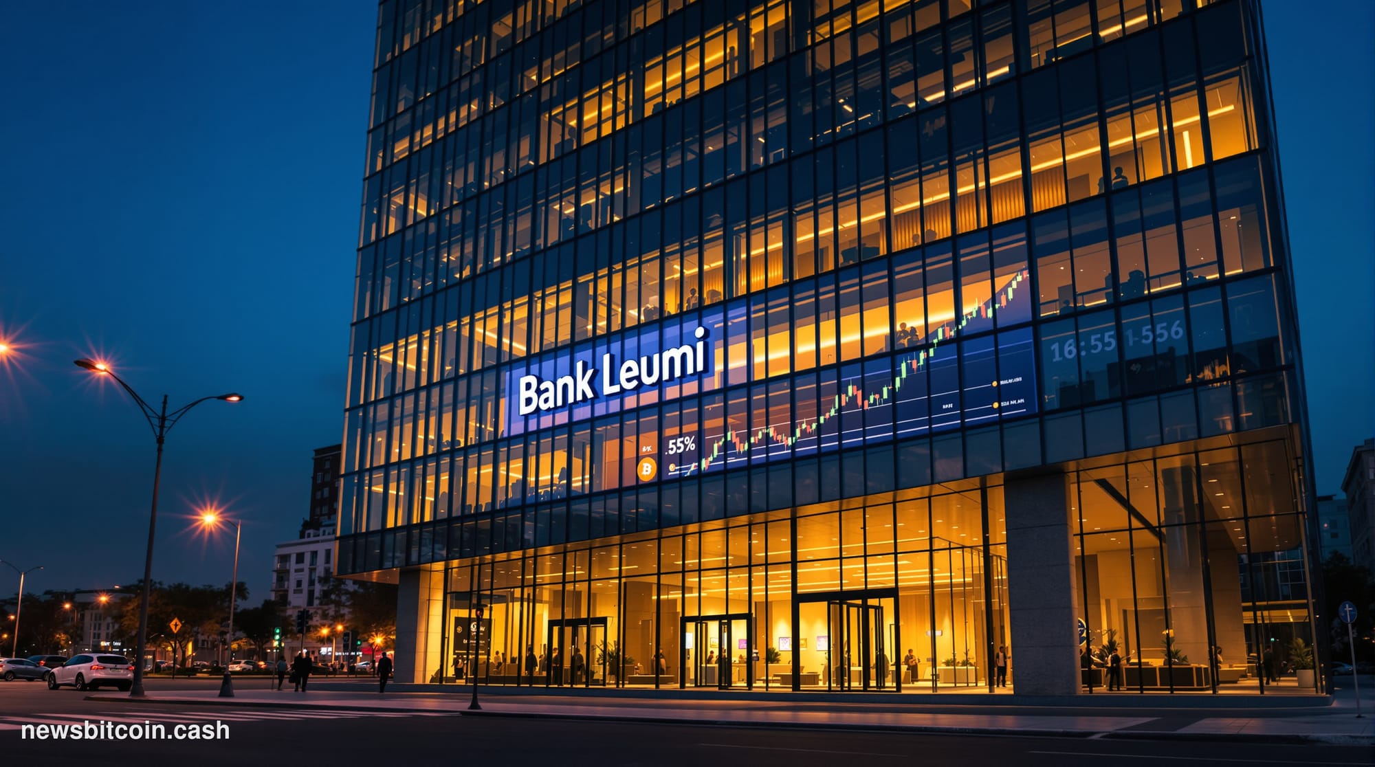 Cinematic photorealistic editorial photograph of Bank Leumi's Tel Aviv headquarters at dusk, its modernist glass and stone fa