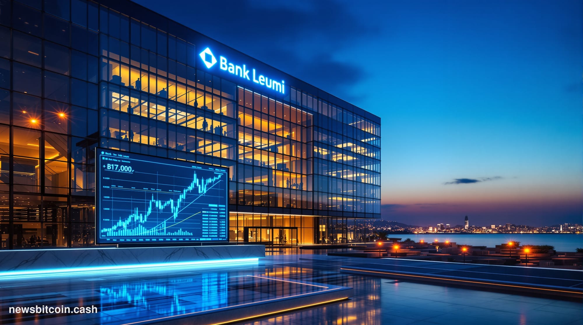 Cinematic photorealistic editorial photograph of Bank Leumi's Tel Aviv headquarters at dusk, the modern glass-and-steel facad