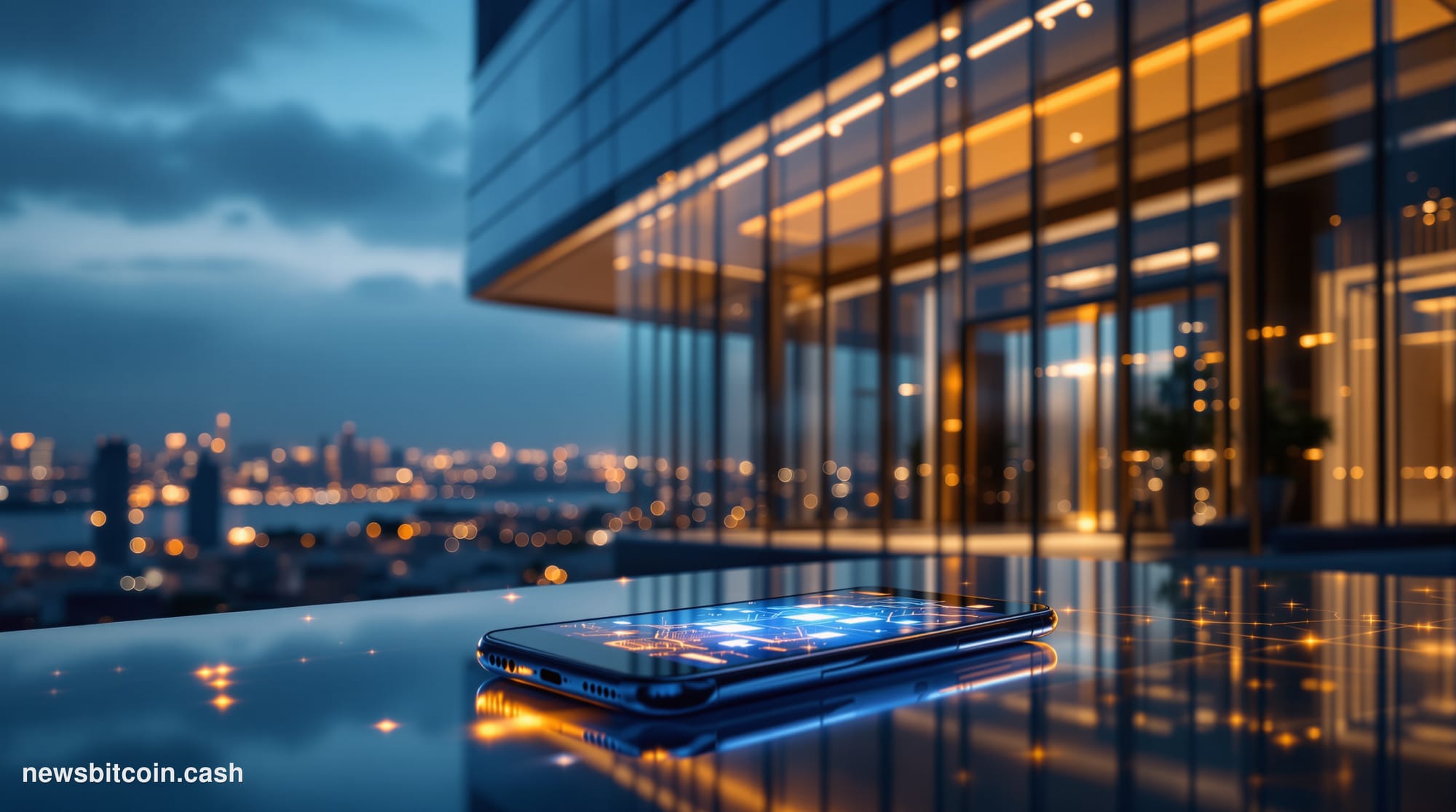 Cinematic photorealistic editorial photograph of the Bank Leumi headquarters in Tel Aviv, Israel, shot at dusk with dramatic 
