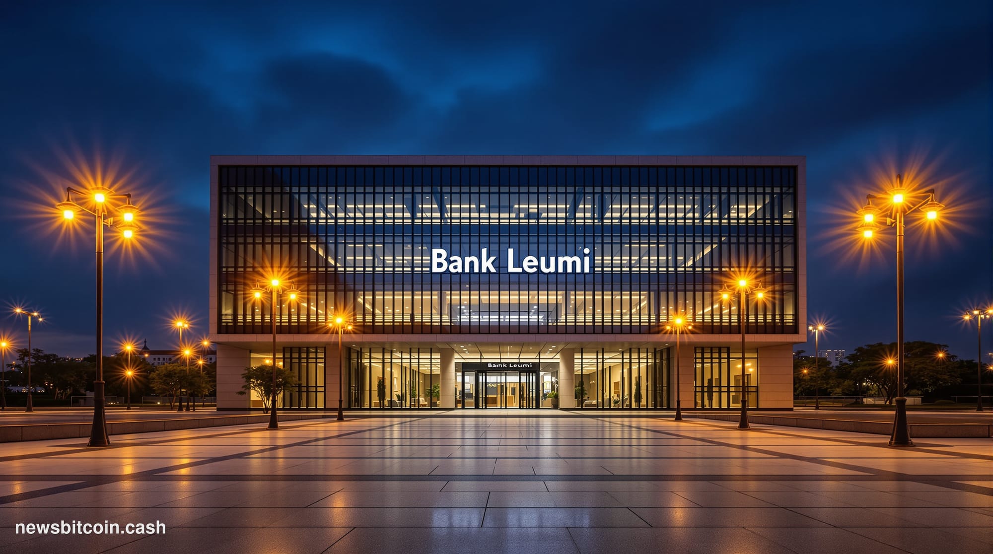 Cinematic photorealistic editorial photograph of the Bank Leumi headquarters building in Tel Aviv, Israel, shot at dusk with 