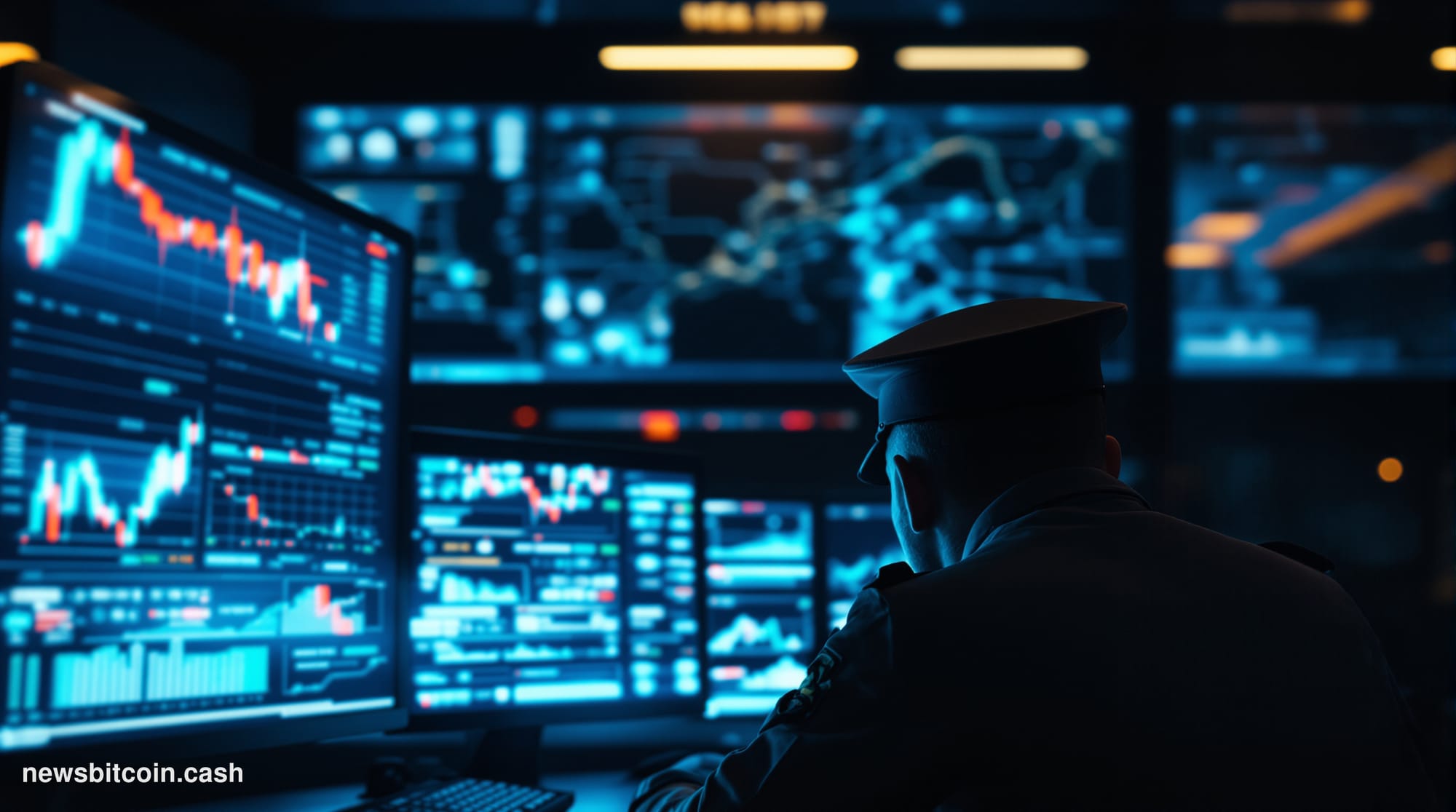 Cinematic photorealistic editorial photograph of a dimly lit military operations room interior, with a glowing computer monit