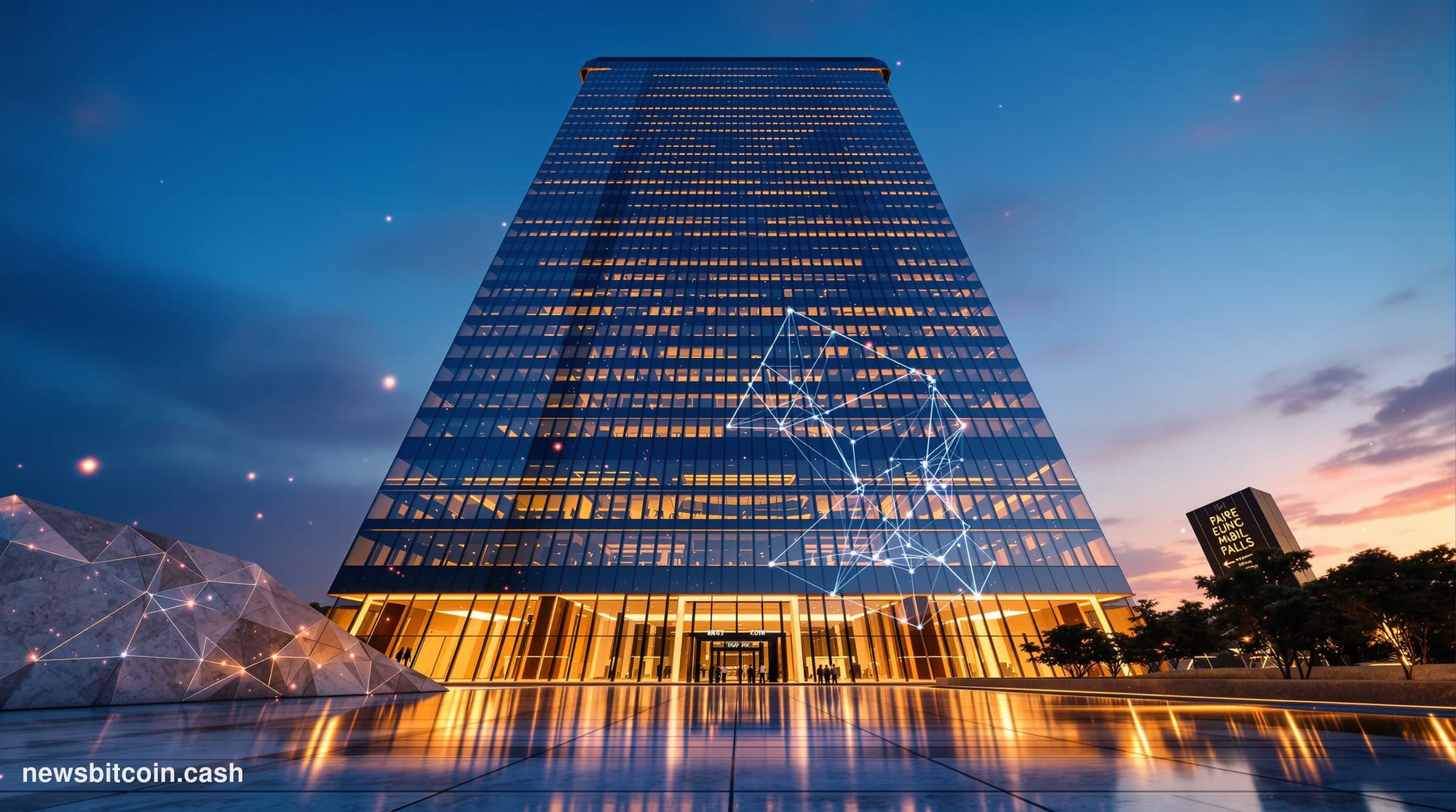 Cinematic photorealistic editorial photograph of the Itaú bank headquarters in São Paulo, Brazil, shot from a low angle at du