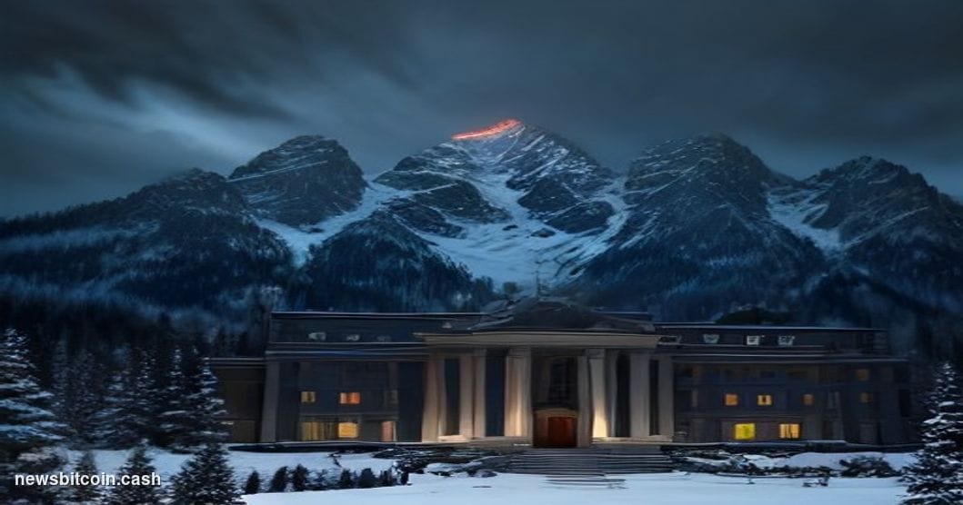 Cinematic photorealistic editorial photograph shot from a low angle looking up at the grand stone facade of the Federal Reser