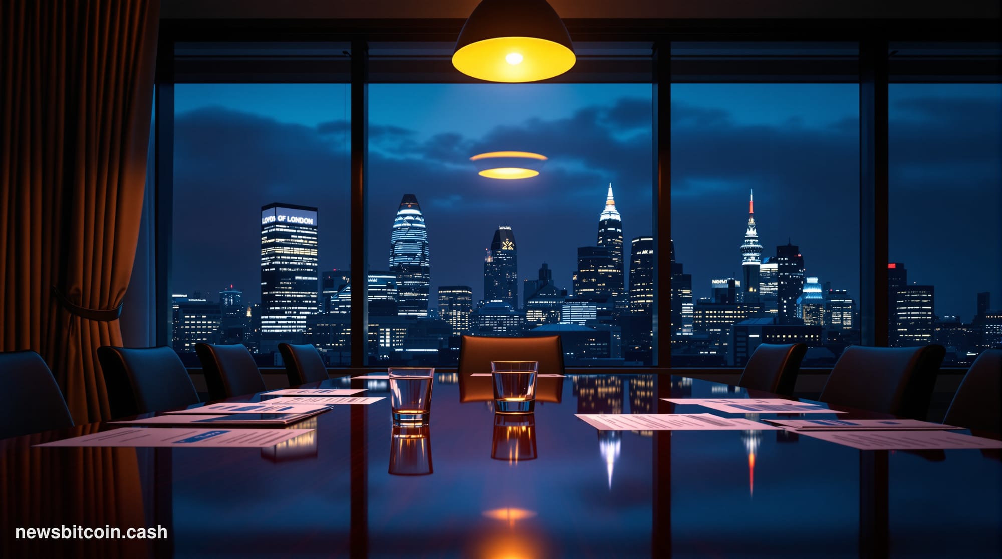 Cinematic photorealistic editorial photograph of the City of London financial district at dusk, with the iconic skyline of th