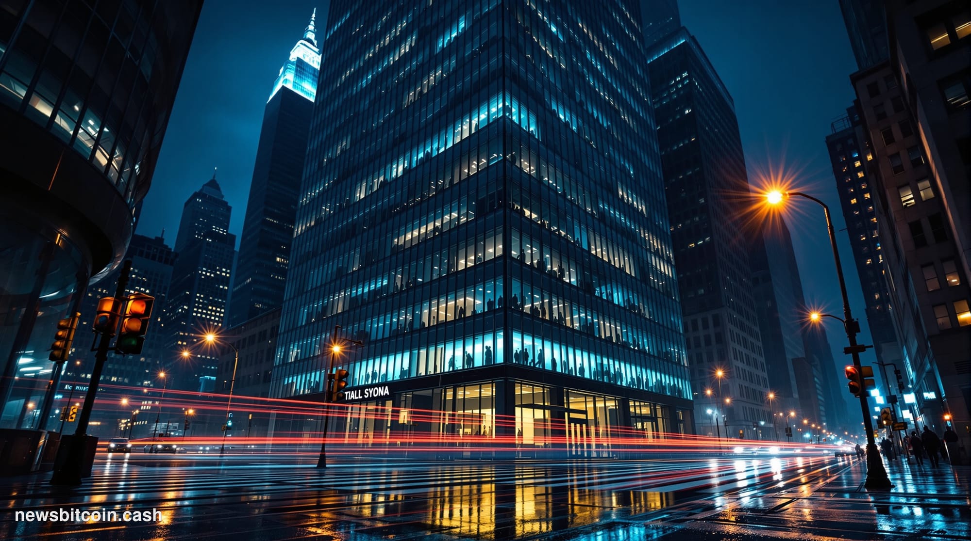 Cinematic photorealistic editorial photograph of Jane Street's New York City office tower at night, shot from a low street-le