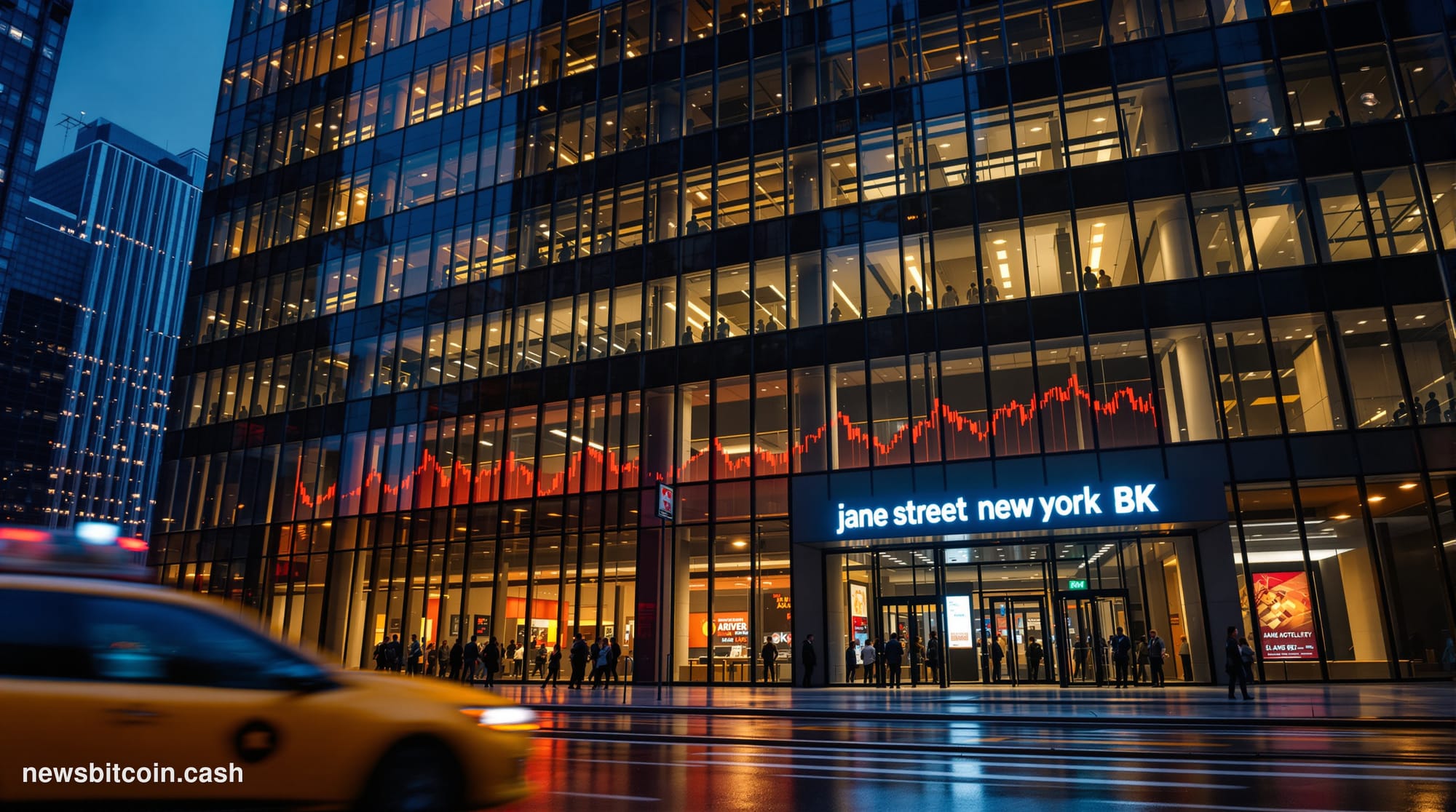 Cinematic photorealistic editorial photograph of Jane Street's New York City office tower exterior at dusk, shot from a low a
