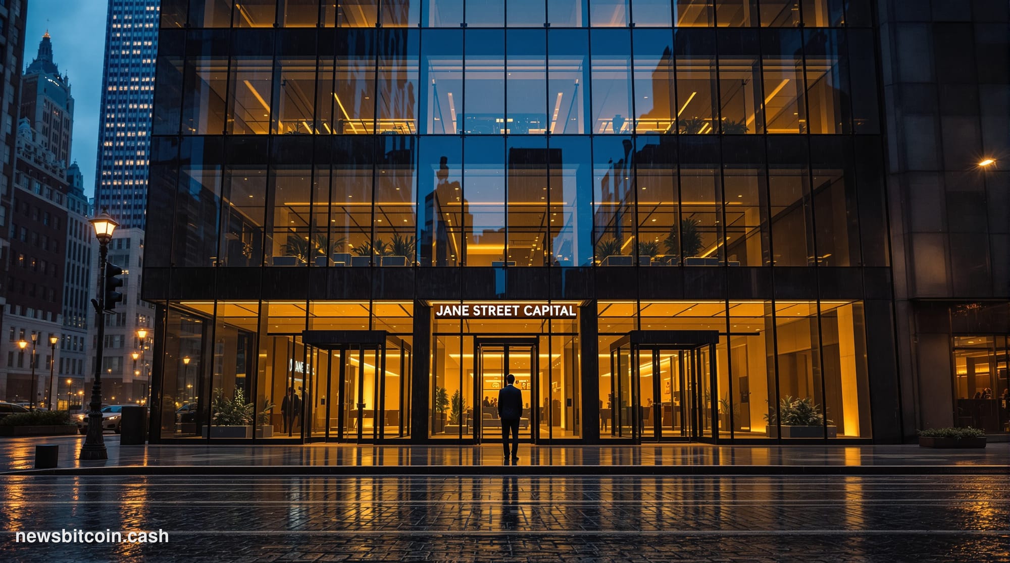 Cinematic photorealistic editorial photograph of the Jane Street Capital office building in Manhattan's Hudson Square neighbo
