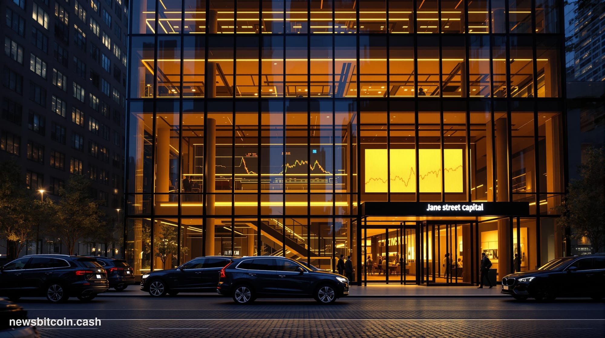 Cinematic photorealistic editorial photograph of the Jane Street Capital office exterior in New York City's Hudson Square nei