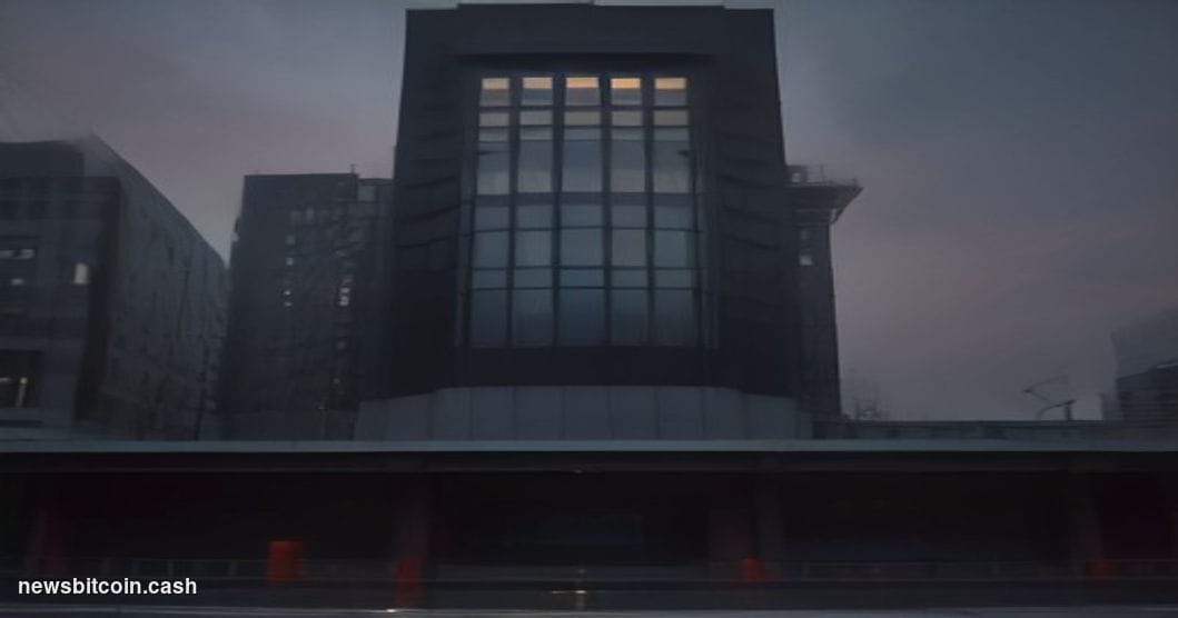 Cinematic photorealistic editorial photograph of the Bank of Japan's distinctive modernist Tokyo headquarters at dusk, shot f