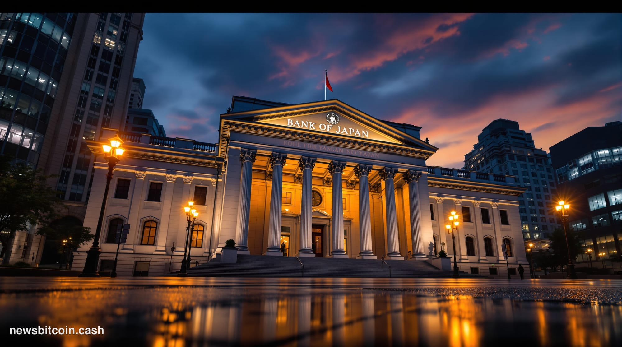 Cinematic photorealistic editorial photograph of the Bank of Japan's imposing neoclassical headquarters in Tokyo's Nihonbashi