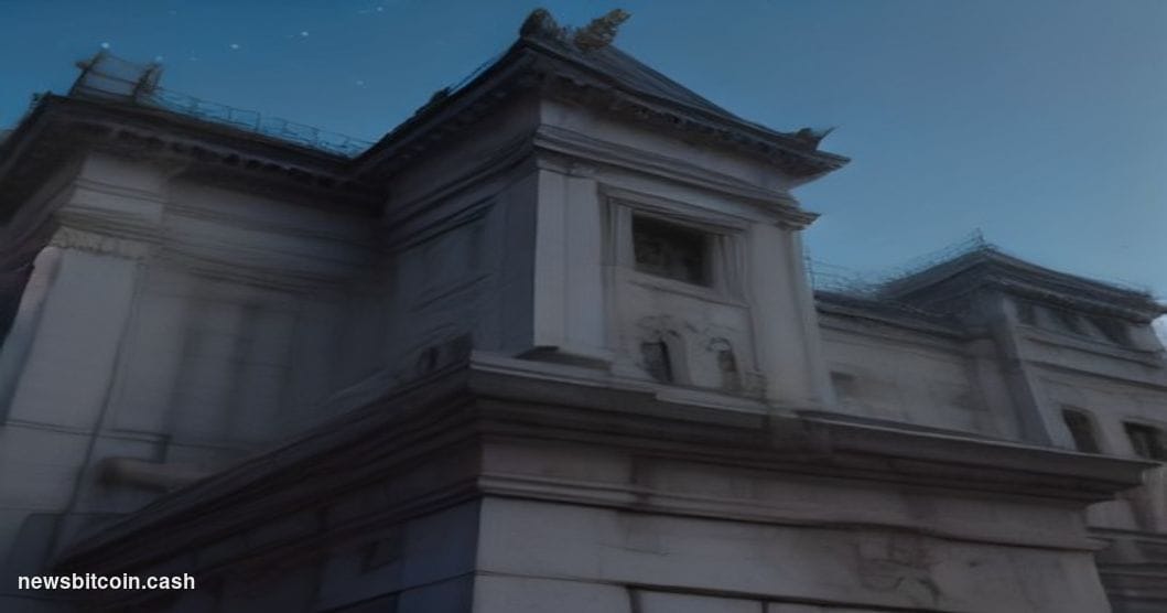 Cinematic photorealistic editorial photograph of the Bank of Japan's iconic neoclassical stone headquarters in Tokyo's Nihonb