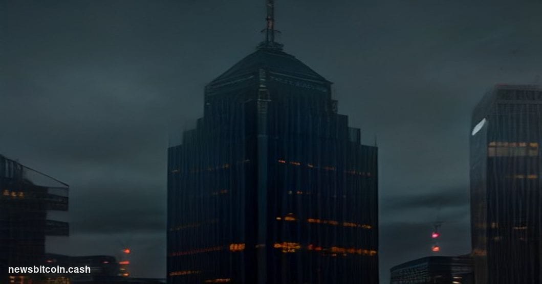 Cinematic photorealistic editorial photograph of the Tokyo financial district at dusk, with the iconic Tokyo Stock Exchange b