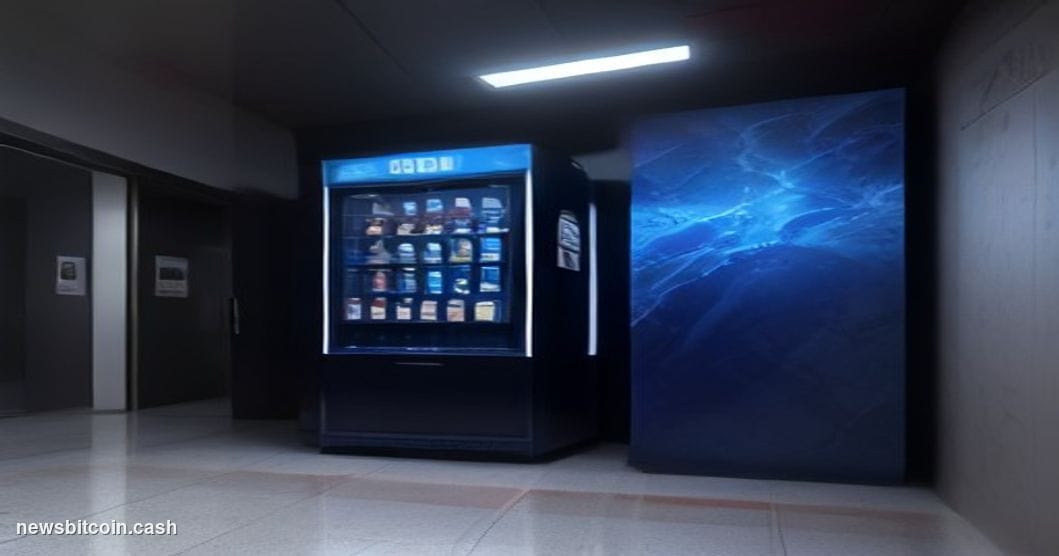 Cinematic photorealistic editorial photograph of a PepsiCo vending machine and branded product display inside a sleek corpora