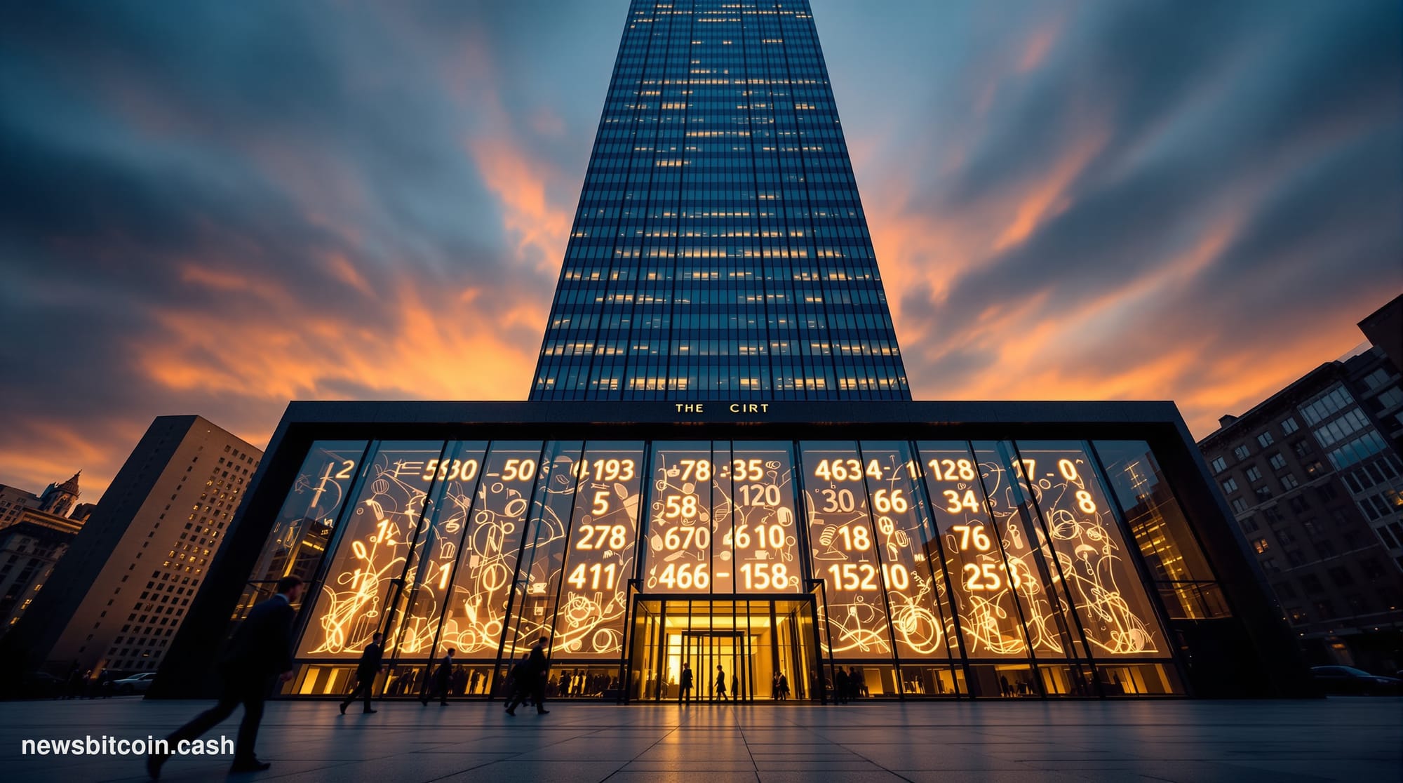 Cinematic photorealistic editorial photograph of JPMorgan's Manhattan headquarters at dusk, the iconic glass tower rising sha