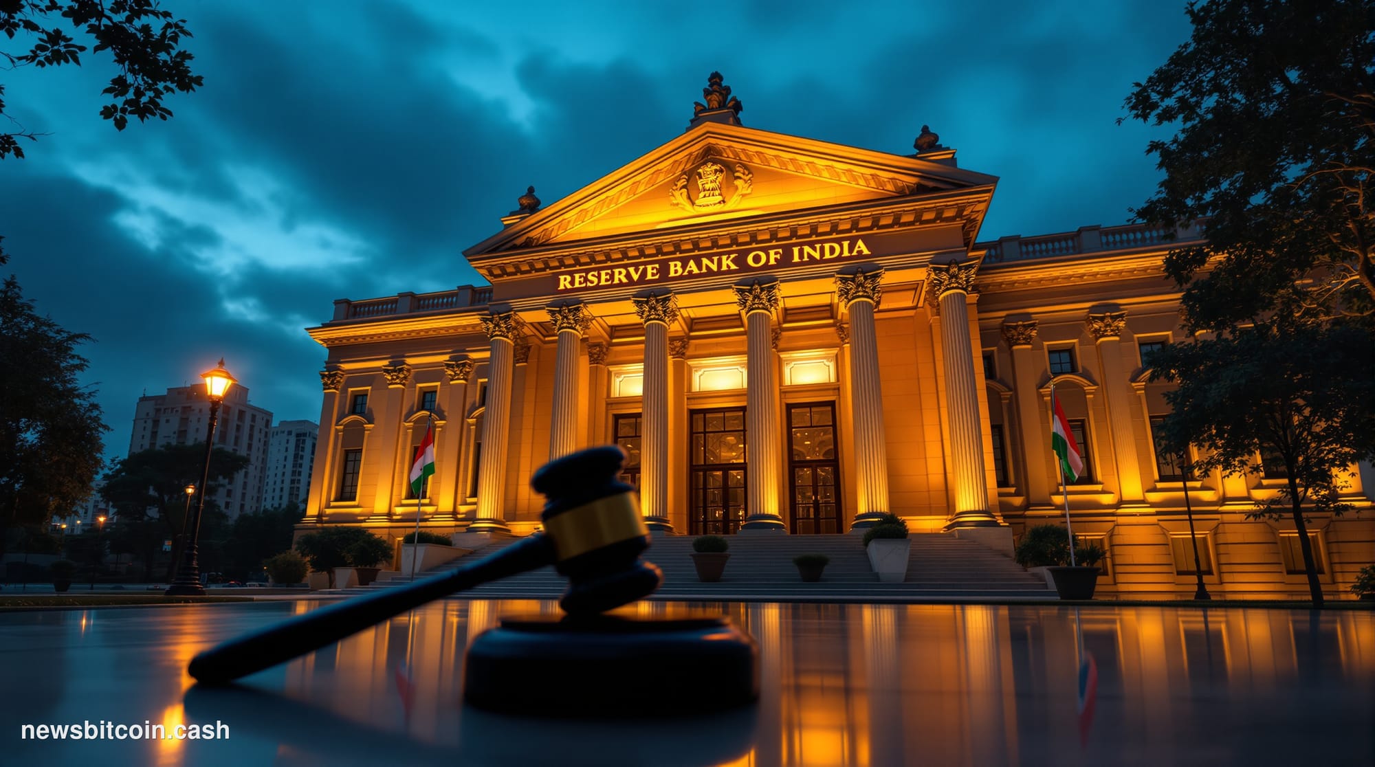Cinematic photorealistic editorial photograph of the Reserve Bank of India's imposing neoclassical headquarters in Mumbai, sh