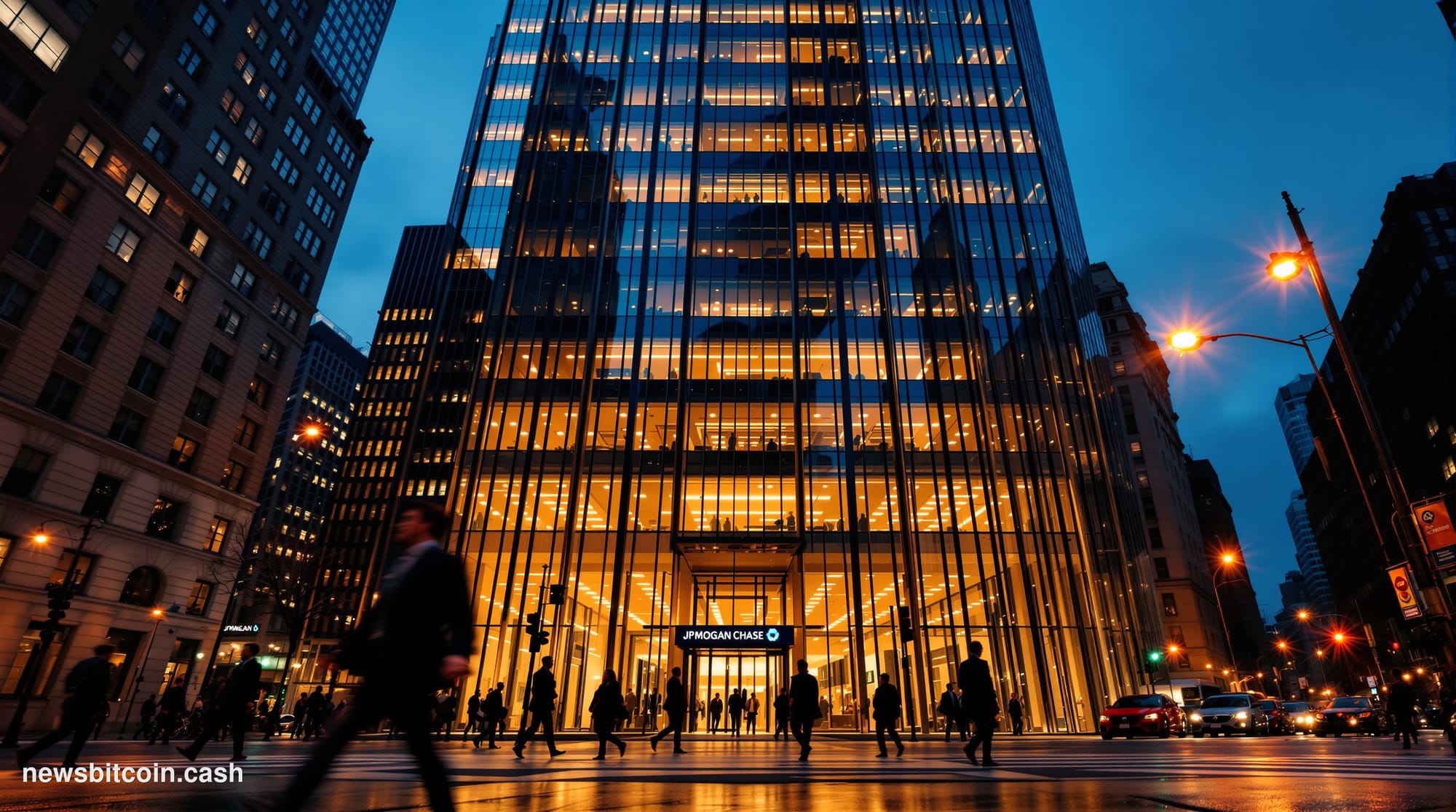 Cinematic photorealistic editorial photograph of JPMorgan Chase's iconic Manhattan headquarters at 383 Madison Avenue, shot f