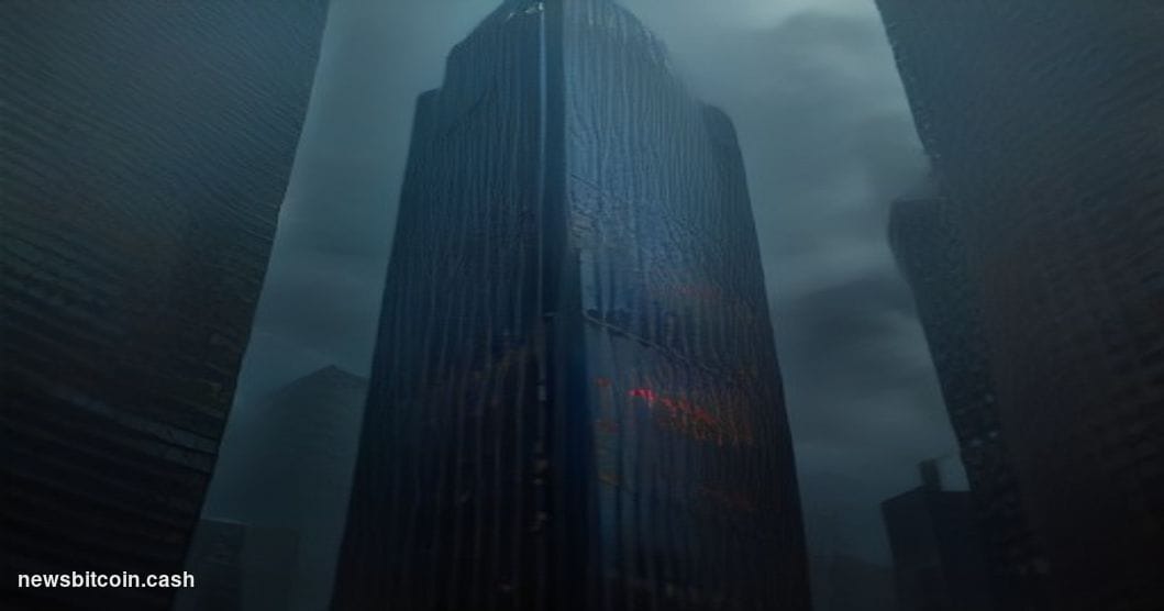 Cinematic photorealistic editorial photograph of JPMorgan Chase's Manhattan headquarters tower at dusk, its glass facade refl