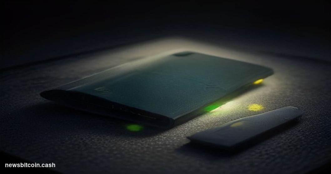 Cinematic photorealistic editorial photograph of a cold hardware crypto wallet — resembling the angular matte-black form fact
