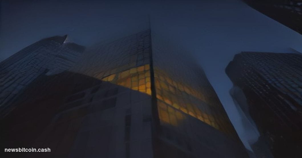 Cinematic photorealistic editorial photograph of a sleek Manhattan financial district office tower at dusk, shot from a low a