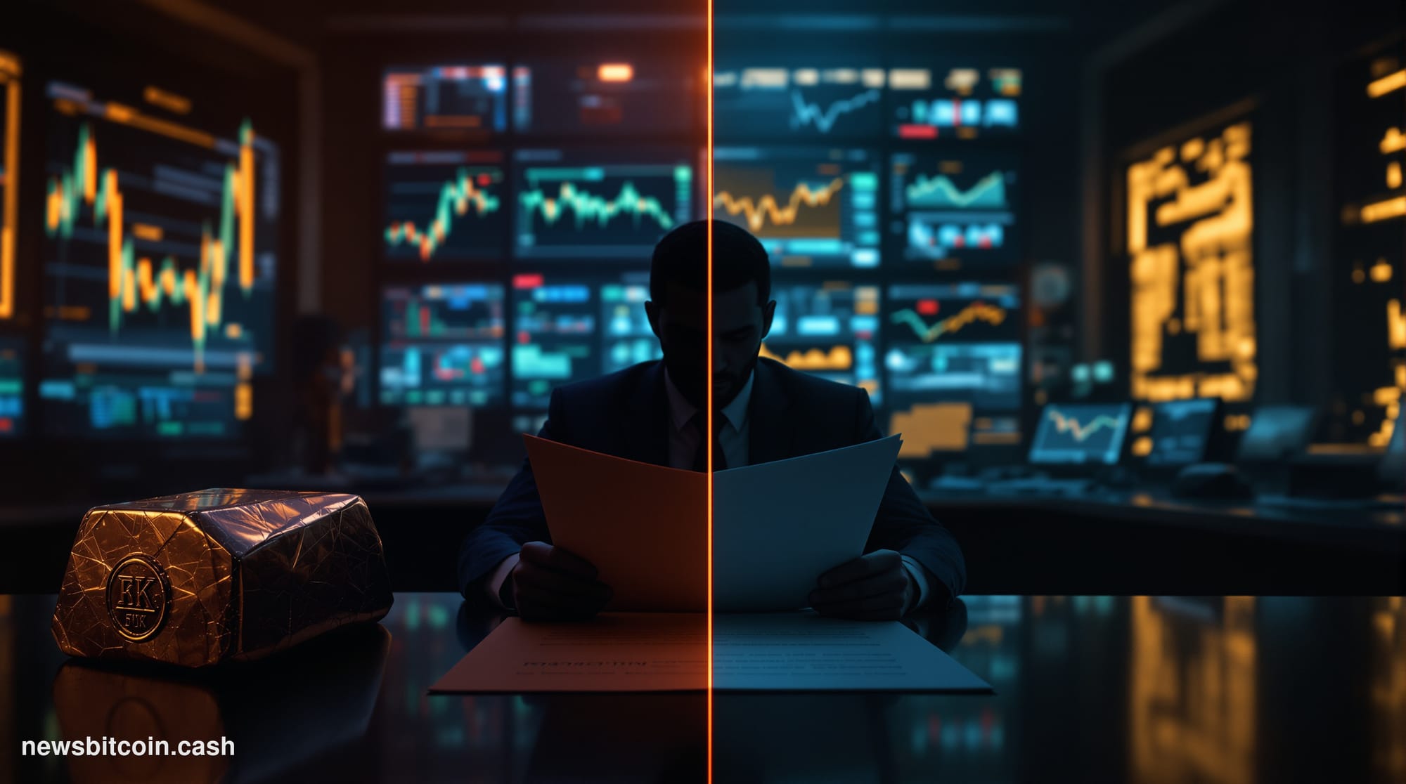 A cinematic photorealistic editorial photograph showing a dramatic split composition — on the left, a dark trading floor envi