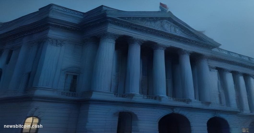 A cinematic photorealistic editorial photograph taken at street level looking up at the imposing neoclassical facade of the C