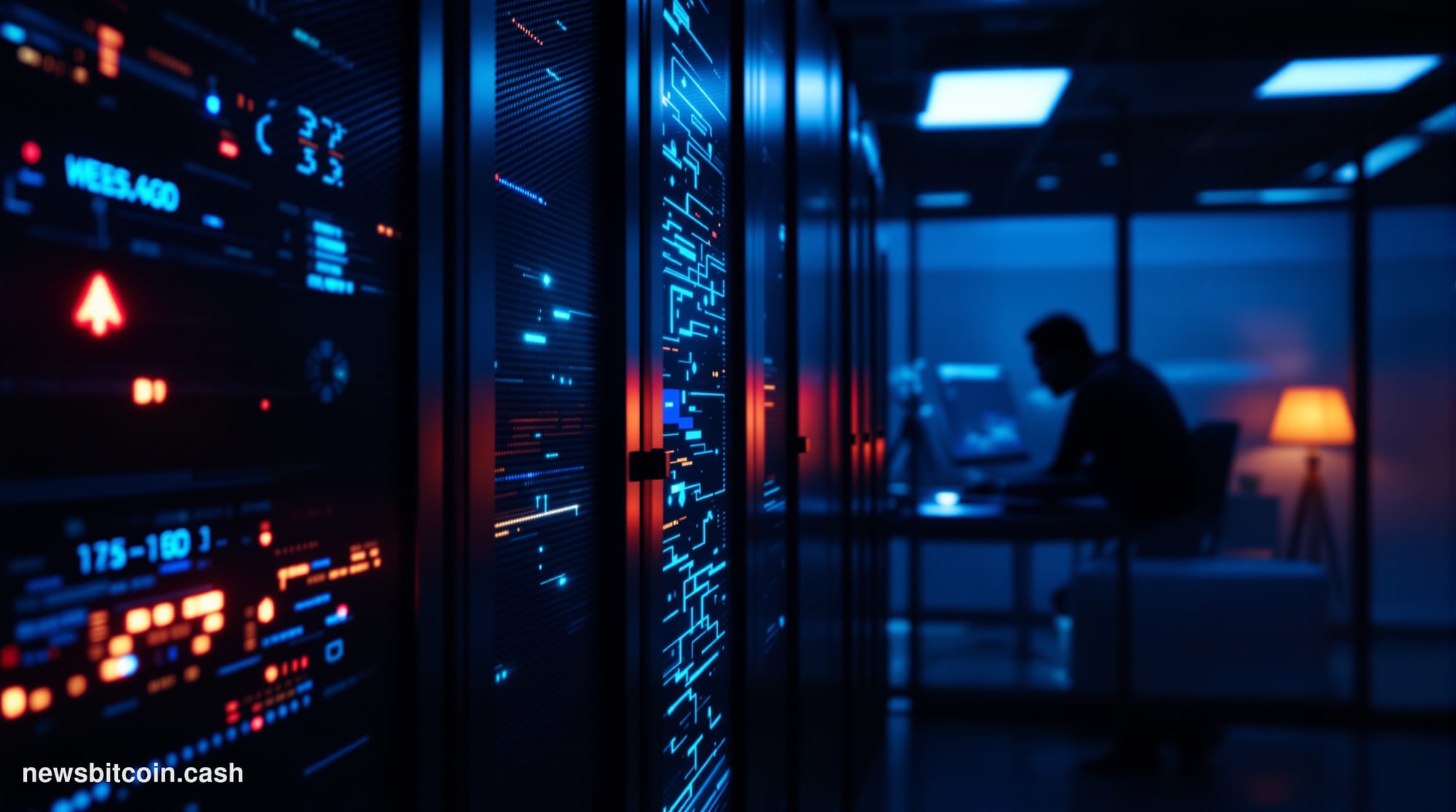 Cinematic photorealistic editorial photograph of a dark server room interior bathed in cold blue emergency lighting, with a s